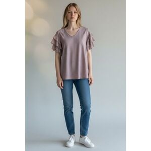 IN VOLAND Plus‎ Size Mauve Lattice Eyelet Flutter Sleeve Tunic V Neck Top 18W